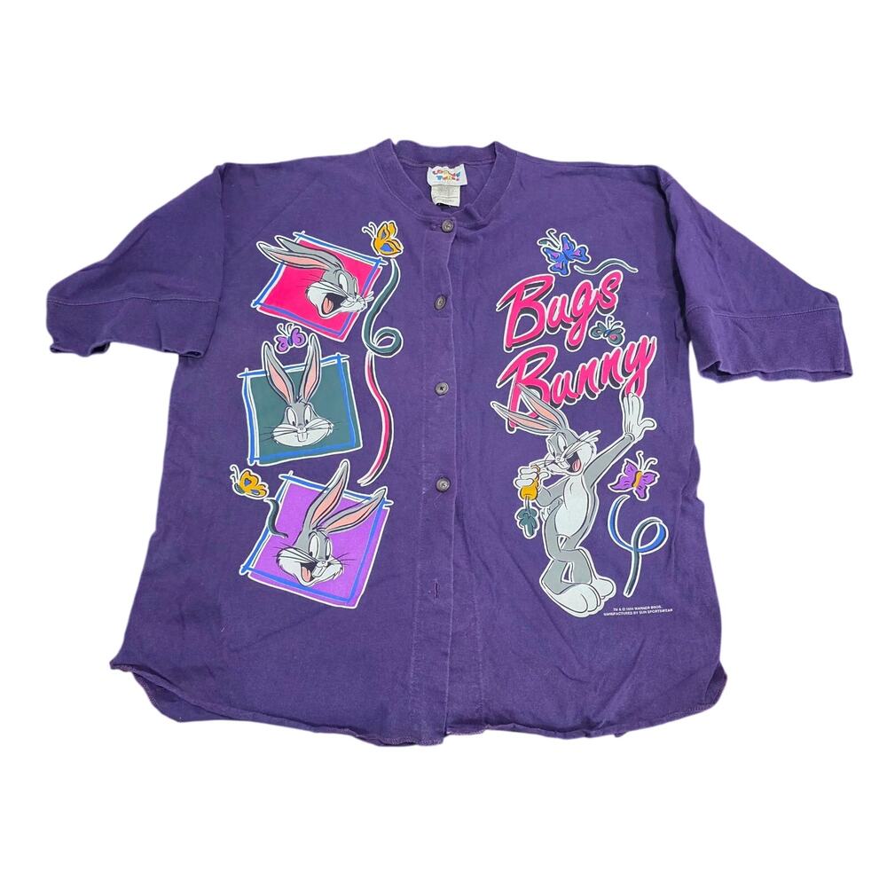 Vintage 1994 Warner Bros Looney Tunes Bugs Bunny Short Sleeve Button Up Purple M